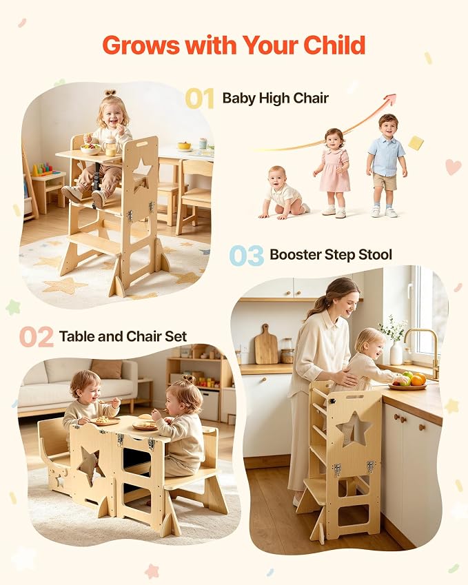 VEVOR 6-in-1 Toddler Kitchen Step Stool, Foldable Standing Tower with Blackboard & Whiteboard, Wooden High Chair for Toddlers, Kitchen Stool Helper with Detachable Stool, Montessori Table and Chair