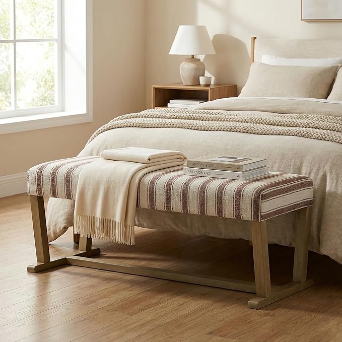 VKNOW 41" Upholstered Entryway Bench, End of Bed Bench with Cushion and Rubber Wood, Kitchen Dining Bench, Striped Bench for Dining Table, Bedroom, Living Room, Brown
