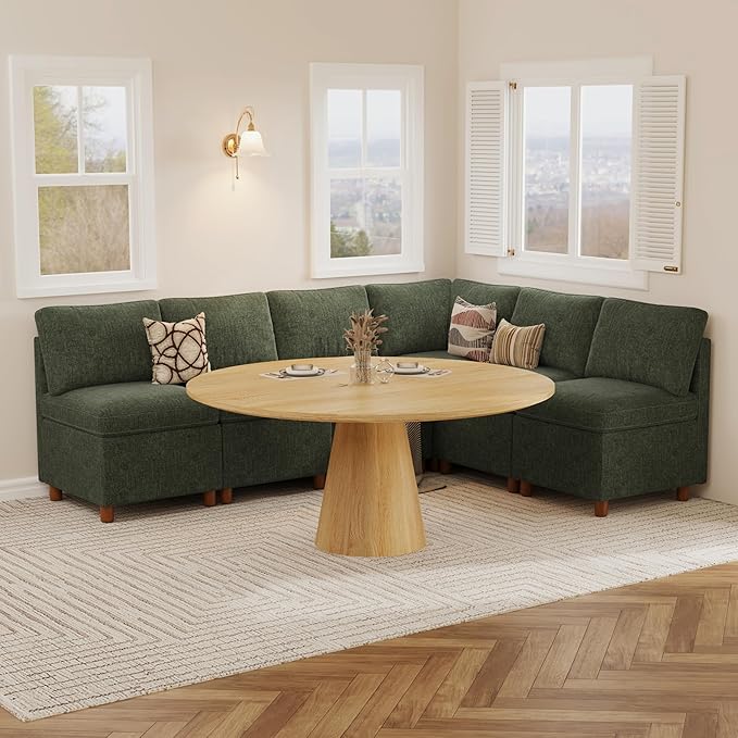 SITJOY Breakfast Nook Bench with Storage, Modular Corner Kitchen Banquette Seating, Dining Settee Couch, Upholstered Dining Bench with Back, Soft-to-Touch Fabric in Green, 6-Seat L Shaped Nook