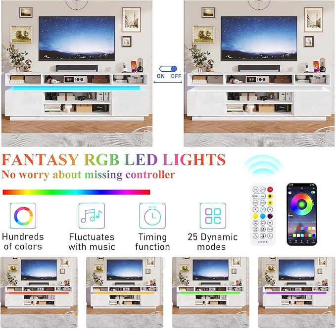 chartustriable LED TV Stand for 95 Inch TV, Modern Tall Entertainment Center with Power Outlets, High Gloss TV Stand, Gaming TV Media Console for Living Room, 83 Inch, White