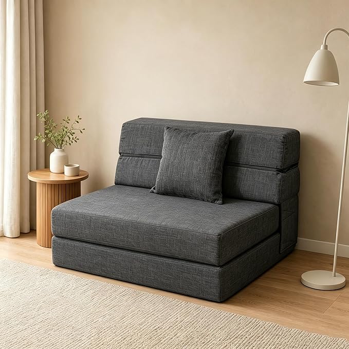 ANONER Folding Sleeper Chair Sofa Bed with Pillow, Memory Foam Fold Out Chair Bed and Futon Floor Couch, Twin Size, Dark Gray