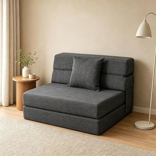 ANONER Folding Sleeper Chair Sofa Bed with Pillow, Memory Foam Fold Out Chair Bed and Futon Floor Couch, Twin Size, Dark Gray