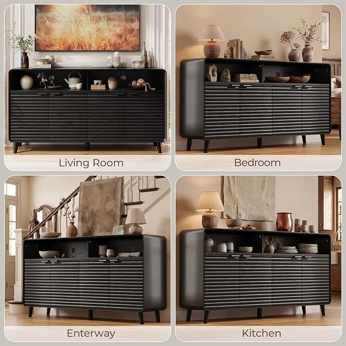 61" Sideboard Buffet Cabinet with Open Storage & 4 Doors, Large Coffee Bar Cabinet with Adjustable Shelves, Mid Century Modern Fluted Buffet Cabinet for Kitchen, Living Room, Black