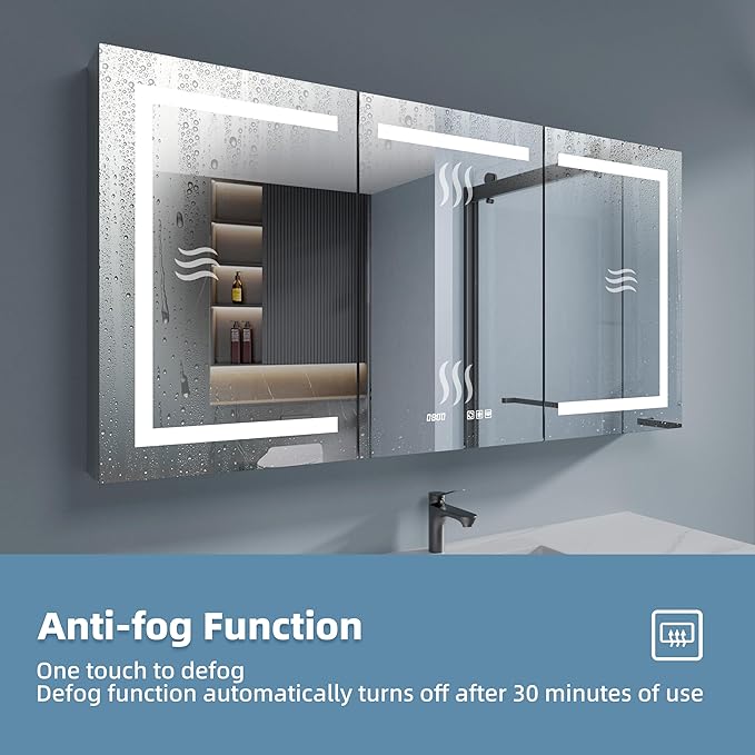 Medicine Cabinet with Lights with Mirror, 60 x 30 Inch Recessed/Surface Wall Mount LED Lighted Medicine Cabinets for Bathroom with Storage, 3 Colour Lights Dimmable Defog, Time/Temp Display