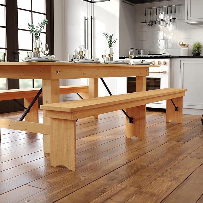Flash Furniture HERCULES 8' x 12" Solid Pine Folding Farm Bench in Antique Rustic Light Natural