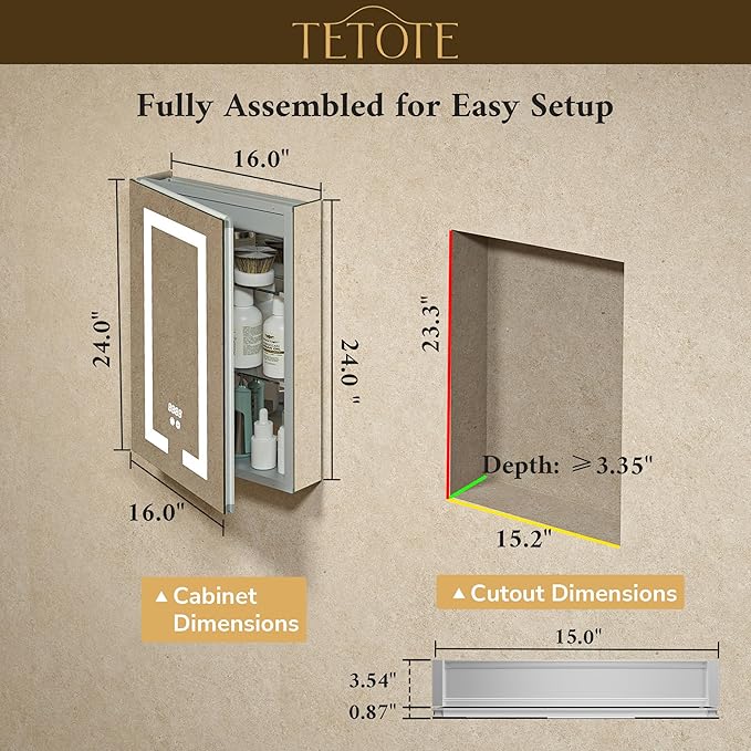 TETOTE LED Lighted Medicine Cabinet Mirror with Tempered Glass 16 x 24 Recessed or Surface Mount Bathroom Cabinet with Lights and Storage, Outlets & USB, 3-Color Dimming, Defog, Adjustable Shelves