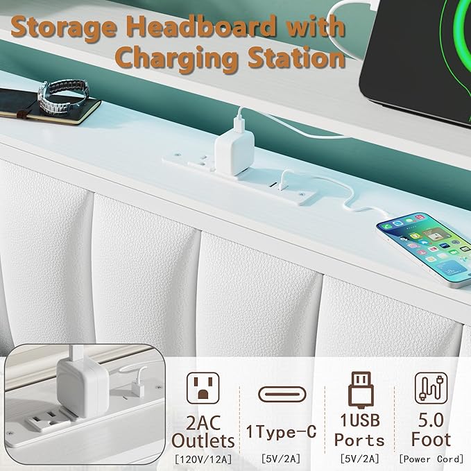 Furnulem White Full Size Bed Frame with Charging Station & Led Lights, PU Leather Upholstered Headboard with 2-Tier Storage Shelves, No Box Spring Needed, Metal Slat Support, Solid and Stable