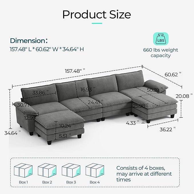 LINSY HOME 157" Modular U-Shaped Sectional Sofa, 4-Seat Corduroy Modern Cloud Couch with Deep Seat & 2 Movable Ottoman, Perfect for Living Room, Office, Bedroom, Grey