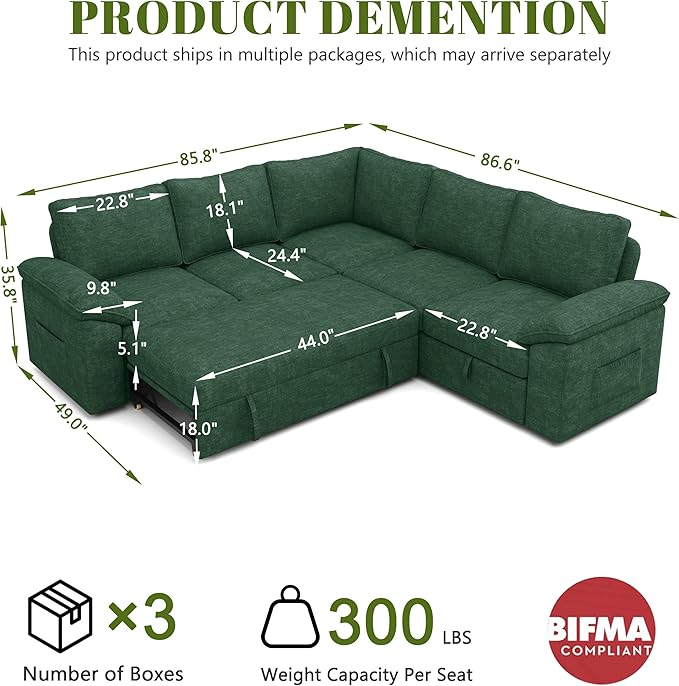 85 Inch Modular Sectional Sofa with Pull Out Bed, L Shaped 5 Seat Sectional Sleeper Sofa with Storage, Sectional Couches for Living Room, Cloud Modular Couch,Removable Sofa Cover,Green