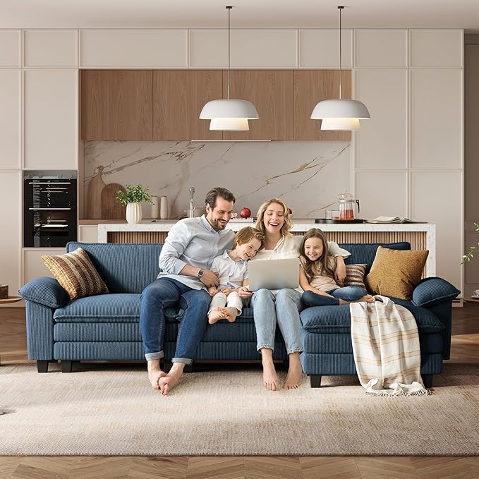 LINSY HOME 123" Modular L-Shaped Sectional Sofa, 3-Seat Corduroy Modern Cloud Couch with Deep Seat & 1 Movable Ottoman, Perfect for Living Room, Office, Bedroom, Blue