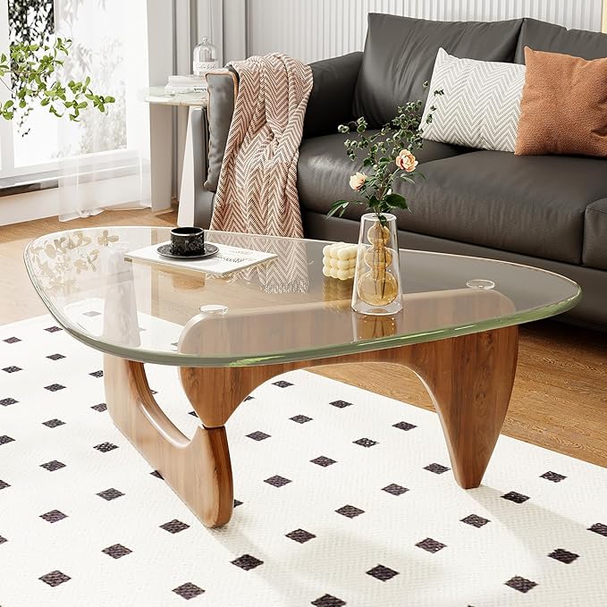 Coffee Table for Living Room Mid Century Modern Center Table with Glass Top,32 Inch, Walnut Transparent