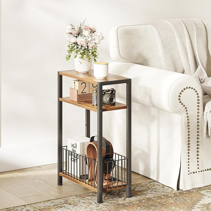 TRIFEBLE Narrow Side Table with Storage Basket, Small End Table for Small Spaces, Slim Sofa Table for Living Room, 3 Tier Bedside Table for Bedroom, Rustic Brown