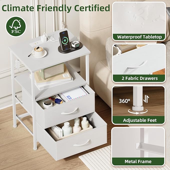 Somdot White Nightstand with Charging Station and LED Light for Bedroom, 2 Drawers Dresser with Fabric Bins for Bedside Kids Dorm Room Closet Laundry Entryway, White Leather