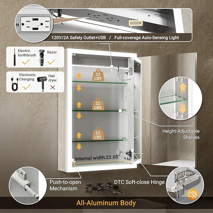 LED Medicine Cabinet Mirror 24x32 Surface or Recessed Fogless Lighted Medicine Cabinet with Mirror, Time Display & Stepless Dimming, Built-in Auto-Sensing LED, 2 Outlet &USB, Door Right Open