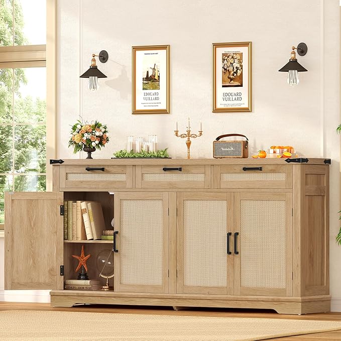 usikey 61” Large Buffet Cabinet with Storage, Sideboard Cabinet with 4 Doors and 3 Drawers, Farmhouse Buffet Table, Dining Room Storage Cabinet for Kitchen or Living Room, Natural