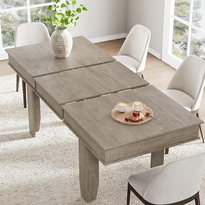 GarveeHome 63 in-86.6 in Extendable Dining Room Table for 6-10, Farmhouse Kitchen Tables w/Wooden Sturdy Frame, Large Rectangular Dinner Table for Dining Room, Kitchen