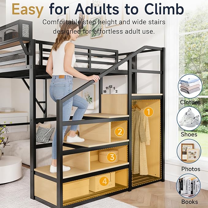 Mirightone Queen Size Loft Bed with Stairs and Storage, Metal Loft Bed Frame with Bedside Shelf and Large Under-Bed Space, Heavy-Duty Bed for Adults Teens and Kids, Convertible Staircase, Black