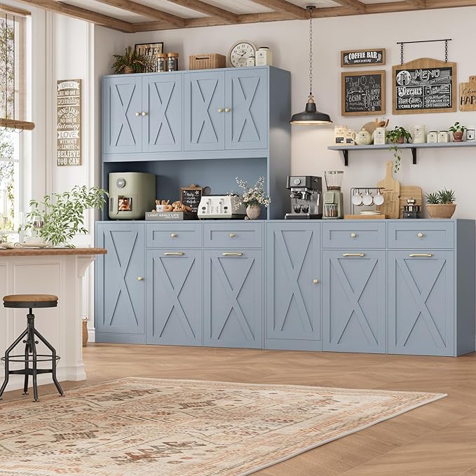 HOSTACK 71"H Kitchen Trash Can Cabinet, 12.5 Gallon Double Pull Out Garbage Can Hutch Cabinet with Trash Bin Storage Holders, 47" Wide Kitchen Pantry with Hidden Garbage Storage for Dining Room, Blue