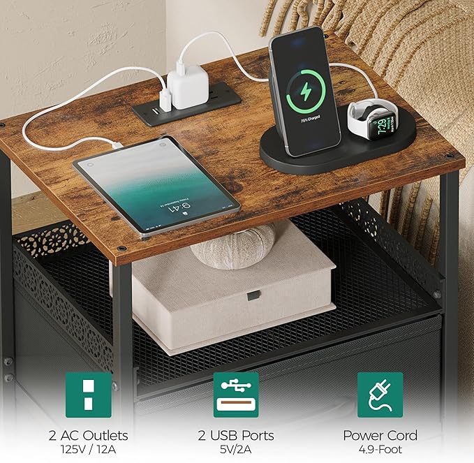 JARHETUN Nightstand Set of 2 with Charging Station, Night Stands with LED Lights, 26.4 Inch Tall Bedside Table with Metal Shelf, Side Table with 2 Fabirc Drawers for Bedroom, Rustic Brown