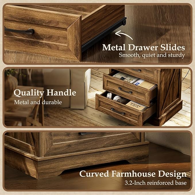 AODK 24 Inch Farmhouse Nightstand Set of 2, Bedside Tables with Charging Station, Large End Tables with 3 Drawers, Rustic Night Stands with Outlet and USB for Bedroom& Living Room, Light Walnut