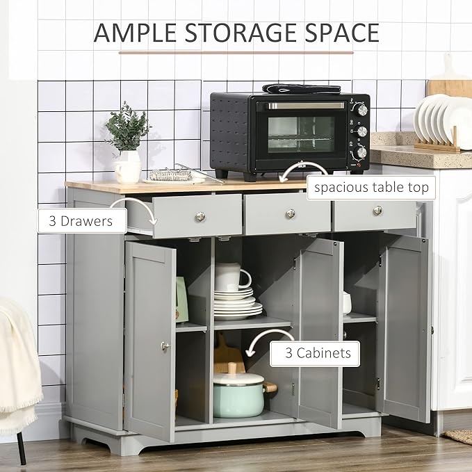 HOMCOM Sideboard Buffet Cabinet with Solid Wood Countertop, Modern Kitchen Storage Cabinet, Coffee Bar Cabinet with 3 Drawers, Doors and Adjustable Shelf, Gray