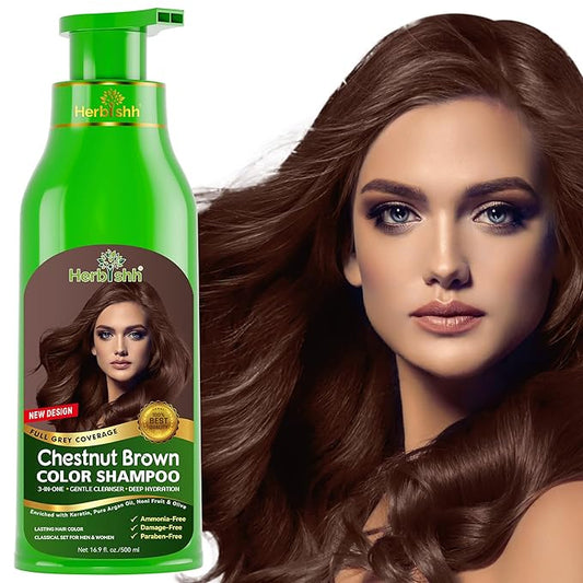 Herbishh Color Shampoo for Gray Hair Coverage (Chestnut Brown) –Hair Dye 3-in-1 Shampoo- Colors in Minutes – Lasts Up To 2-3 Weeks – 500 mL – Ideal for Men & Women