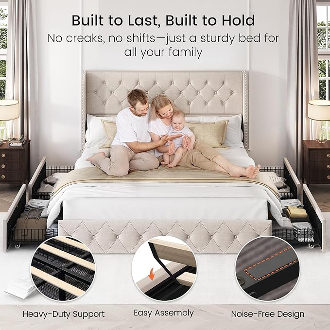LARMACE King Size Bed Frame with 4 Storage Drawers and 47.2" Tall Tufted Headboard Linen Upholstered Platform Bed Frame Wingback Beds with Wooden Slats Support, Easy Assembly, Beige