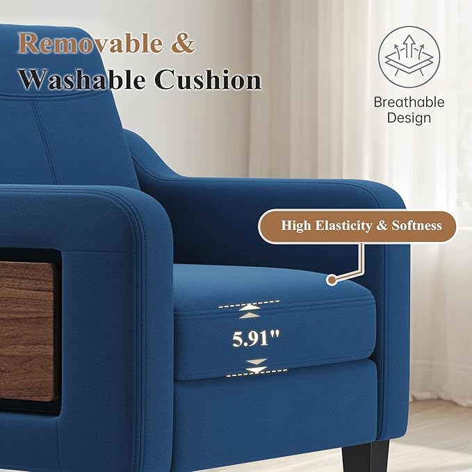 Accent Chair for Living Room, Mid-Century Upholstered Armchair with Foldable Table & 2 Side Pockets, Modern Linen Wooden Sofa Chair for Bedroom & Reading Room, Blue