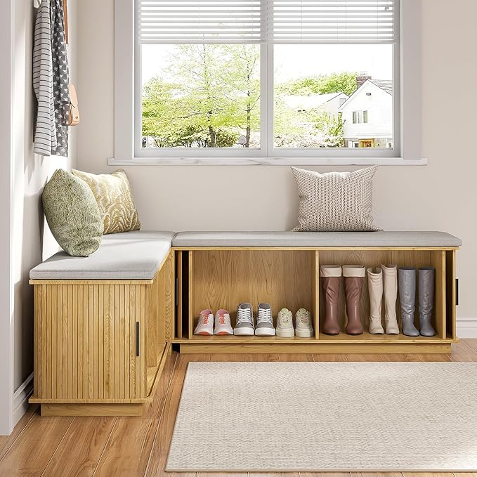 L Shaped Breakfast Nook Bench with Cushion, Kitchen Corner Bench with Hidden Storage, Backless Corner Dining Benches for Kitchen Dining Room Entryway