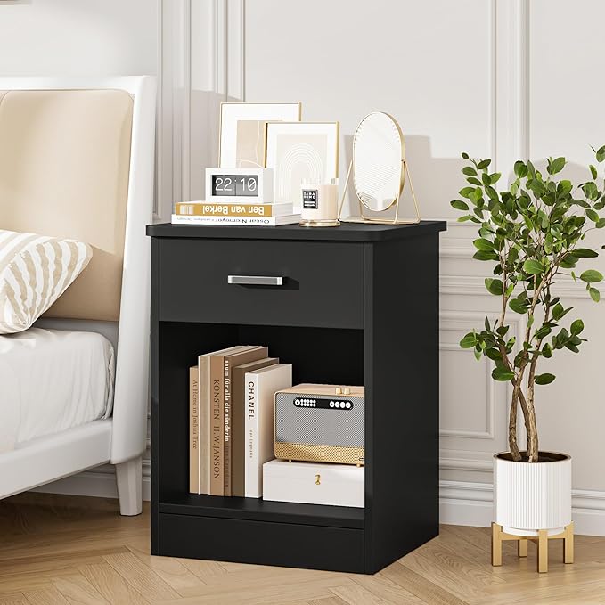 FOTOSOK Nightstand Set of 2, 2-Tier Side Table with Drawer and Storage Shelf, Bedside Table End Table, Modern Night Stand for Bedroom, Home Office,Black