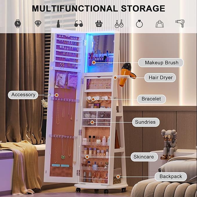 HNEBC 360° Swivel Jewelry Armoire with Mirror, LED Mirror Jewelry Cabinet Standing, Full Length Mirror with Jewelry Storage, Standing Jewelry Organizer/Lockable Wheels/Foldable Makeup Shelf (C-White)
