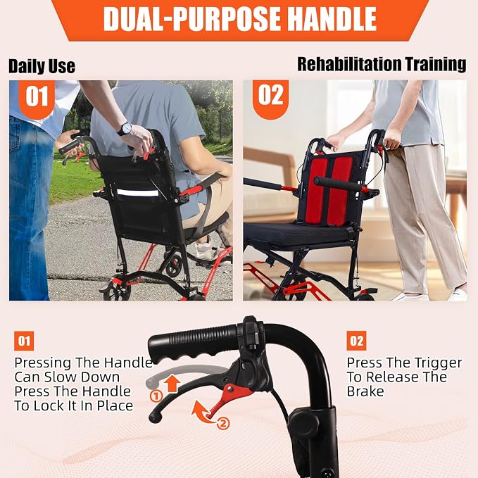 18LBS UIltra Lightweight Wheelchairs with Foldable Footrest and Armrests, Transport Wheelchair Lightweight Foldable with Handbrakes, Travel Transport Chair for Adults Seniors Kid, 1s Quick Folding