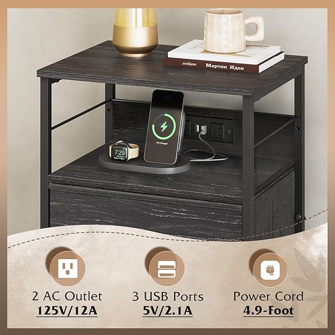 WLIVE Nightstand with Charging Station, 31.9" H Nightstand with 3 Fabric Drawers, LED Bedside Table with USB Ports and Outlets, End Table for Dorm, Bedroom, Entryway, Charcoal Black Wood Grain Print