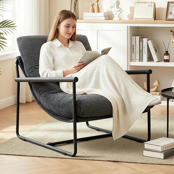 Modern Accent Chair for Living Room,Arm Chair with Metal Frame,Upholstered Armchair with Soft Cushion for Bedroom Lounge Reading Room (Dark Grey)