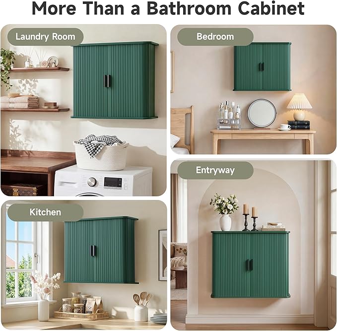 weselon Fluted Wall Mounted Bathroom Cabinet with Sliding Doors, Medicine Cabinet Storage for Over the Toilet, Space Saver Organizer for Small Bathroom Laundry Kitchen (Green)