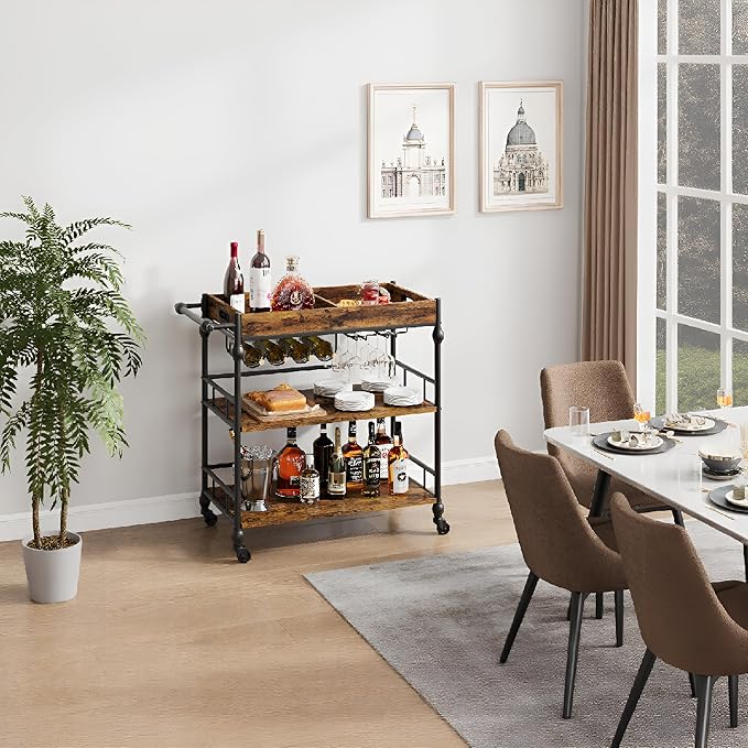 3-Tier Bar Cart with Wheels, Mobile Rolling Beverage Cart with Wine Rack, Glass Holder & Removable Top Tray, Serving Cart, Retro Trolley for Kitchen, Dining Room, Living Room, 35.4" x 15.7" x 34.1"