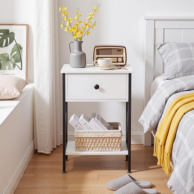 VECELO Nightstands Set of 2, Modern Bedside End Tables, Night Stands with Drawer and Storage Shelf for Living Room Bedroom, Industrial Metal Frame