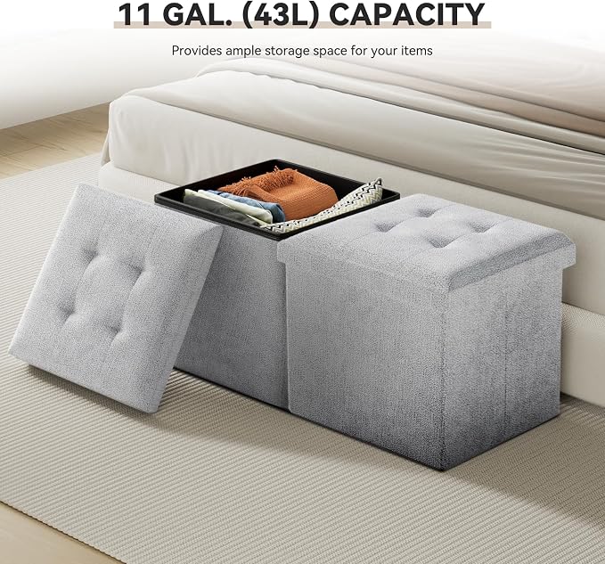 Storage Ottoman Bench, 15 Inch Ottoman Foot Rest, End of Bed Bench, Storage Chest for Living Room, Bedroom, Entryway, Light Gray