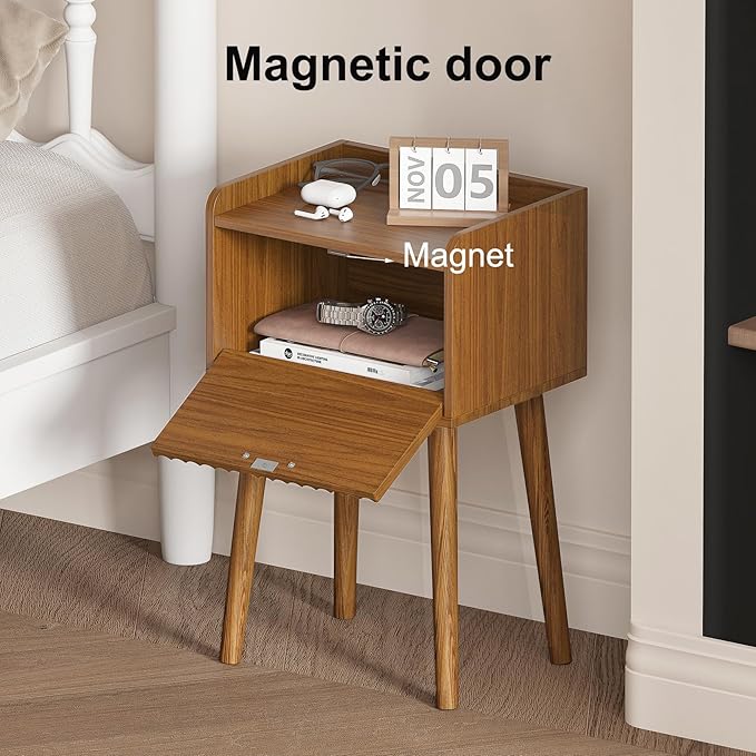 LAATOOREE Small Nightstands Set of 2, Side End Table, Bedside Table with Fluted Door, Solid Wood Feet; for Bedroom, Small Bed