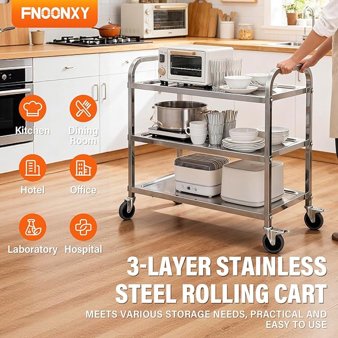 3-Tier Stainless Steel Utility Cart, 33.5"×17.7"×35.4", Rolling Kitchen Serving Trolley, Catering Storage Cart with 2 Lockable Wheels for Hotel, Restaurant, Home Use(Medium)