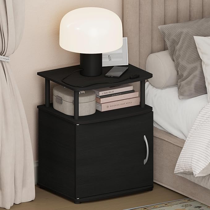 Furinno Jaya Night Stand with Door, Nightstand with Open Shelf and Door Cabinet, Round Corner Bedside Table, Side Table, End Table, for Bedroom, Closet, Dorm, Blackwood
