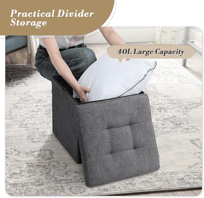 Athena Collection Line Square Ottoman with Storage, 15 Inch Small Storage Ottoman, Multipurpose Footstool Foot Rest for Living Room, Bedroom, Dorm, Dark Grey