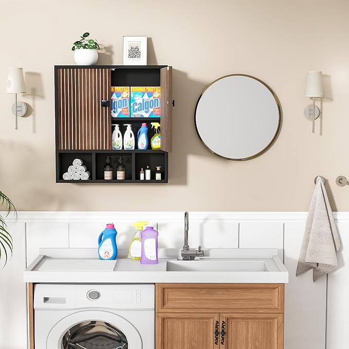 Bathroom Wall Cabinet,Wooden Medicine Cabinet with Fluted Doors Over The Toilet Storage Cabinet with Adjustable Shelf for Bathroom,Black