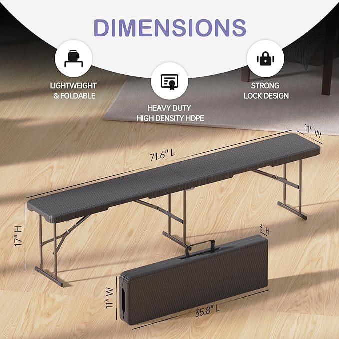 VSOAEIL 6 Foot Folding Bench, Portable Plastic Folding Bench Seat, Foldable Seat for Indoor Outdoor Picnic Camping Dining, Soccer Garden Multipurpose Entertaining Activities, Black Rattan, 1 Pack