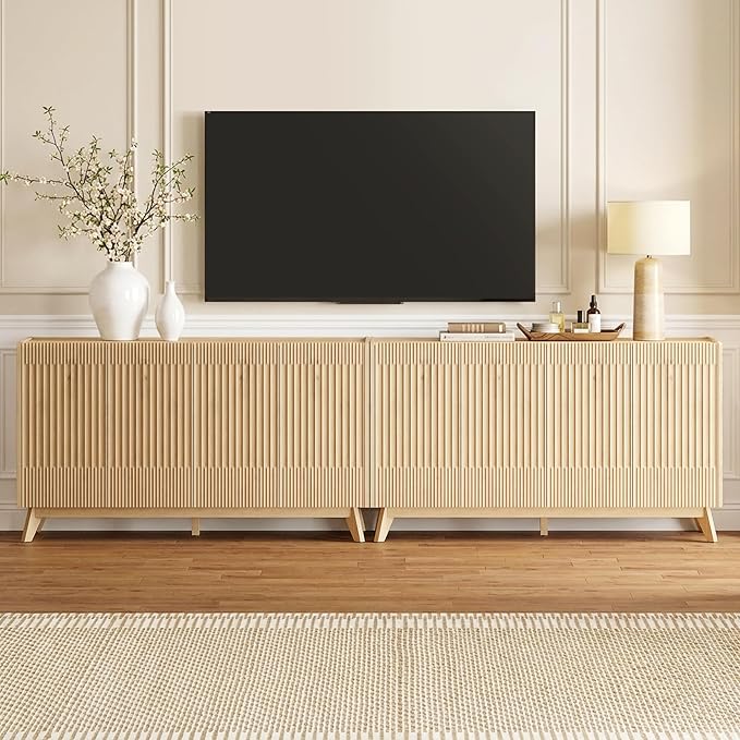 Fatmok 65" Large Sideboard Buffet Cabinet with Storage, Set of 2 Modern Fluted Credenza Buffet Tables with Doors & Adjustable Shelves for Living Room, Kitchen, or Dining Room, Natural Oak
