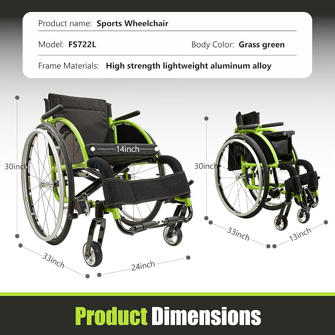 14" W x 14" D Seat Ultra-Light 24 lbs Aluminum Wheelchair for Adults, Foldable & Portable with 24" Quick-Release Wheels - 250 lbs Capacity Sport & Travel Chair(Green)