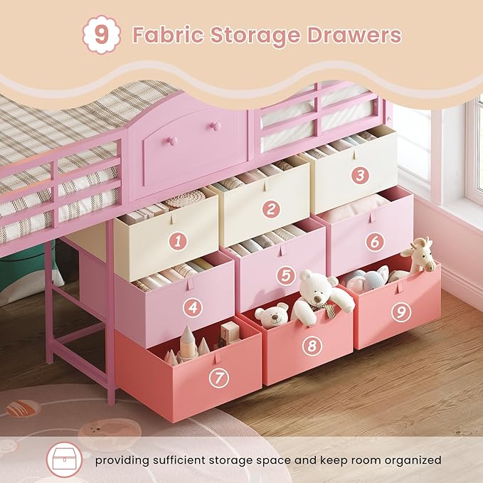 VIAGDO Low Loft Bed Twin Size with 9 Storage Drawers and LED Lights, Metal Twin Loft Bed with Stairway Shelf Storage, Low Loft Bed with Safety Guardrail and Under-Bed Hideaway for Kids, Pink