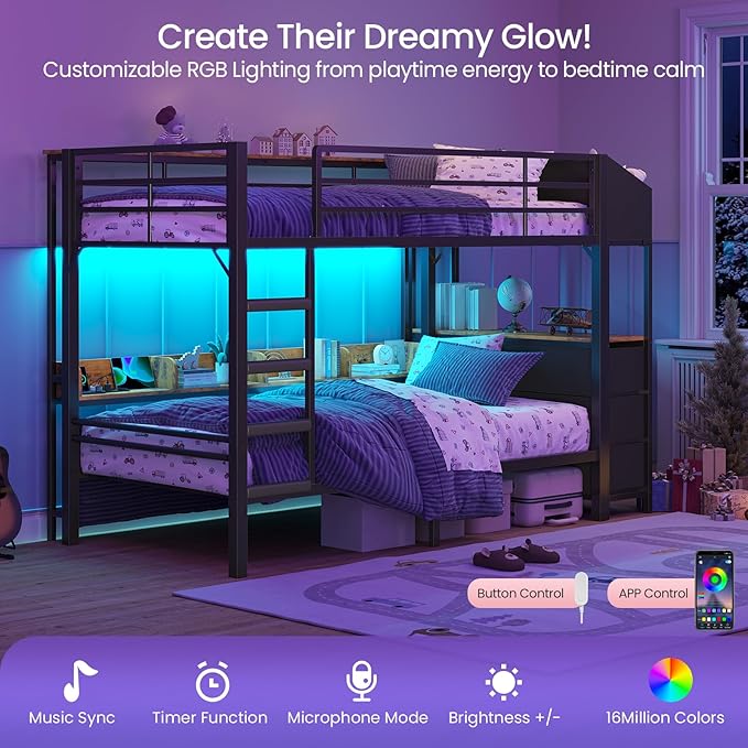 Twin Over Twin Bunk Bed with 6 Storage Drawers & 3 Boxes, Dual Side Shelves, Twin Bunk Beds for Kids with LED Lights and Charging Station, Heavy Duty Metal Bunk Bed with Safety Guardrail and Ladder