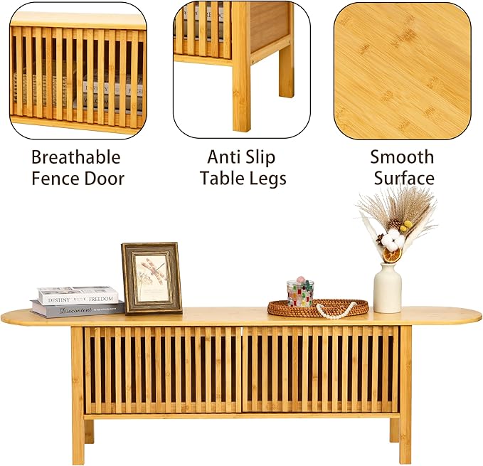 Bamboo TV Stand for TVs up to 65", Accent Entertainment Center with Storage, Media Console Table with Fence Door, Modern TV Stand for Living Room, Bedroom, 55"(L), Burlywood