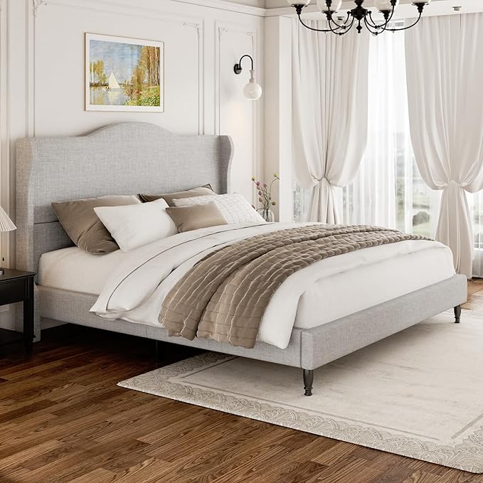 King Bed Frame with Headboard, Upholstered Platform Bed with Tall Wingback Headboard, Sturdy Wood Slats Support, Easy Assembly, No Box Spring Needed, Modern Style for Bedroom, Beige